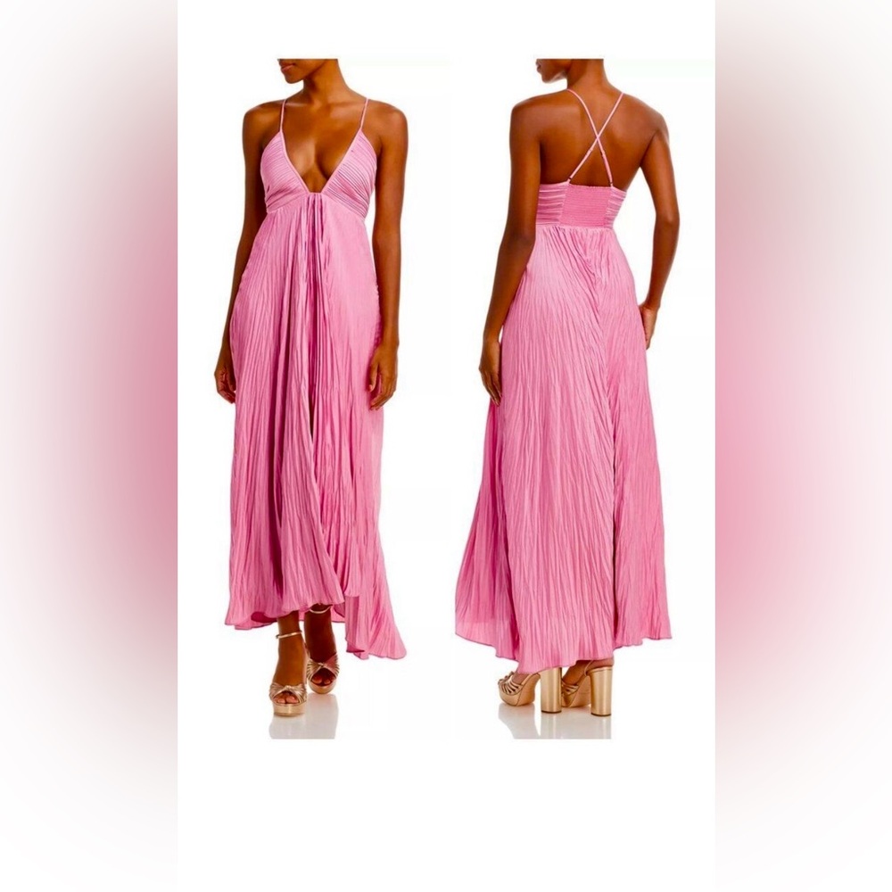 A.L.C. Angelina Satin Maxi Dress Plunging Neckline Pleated in Rosy Pink Size 14